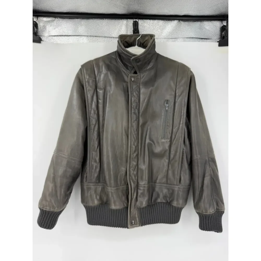 Vintage Basile Italy Mens M Gray Leather Bomber Jacket 90s Designer Moto